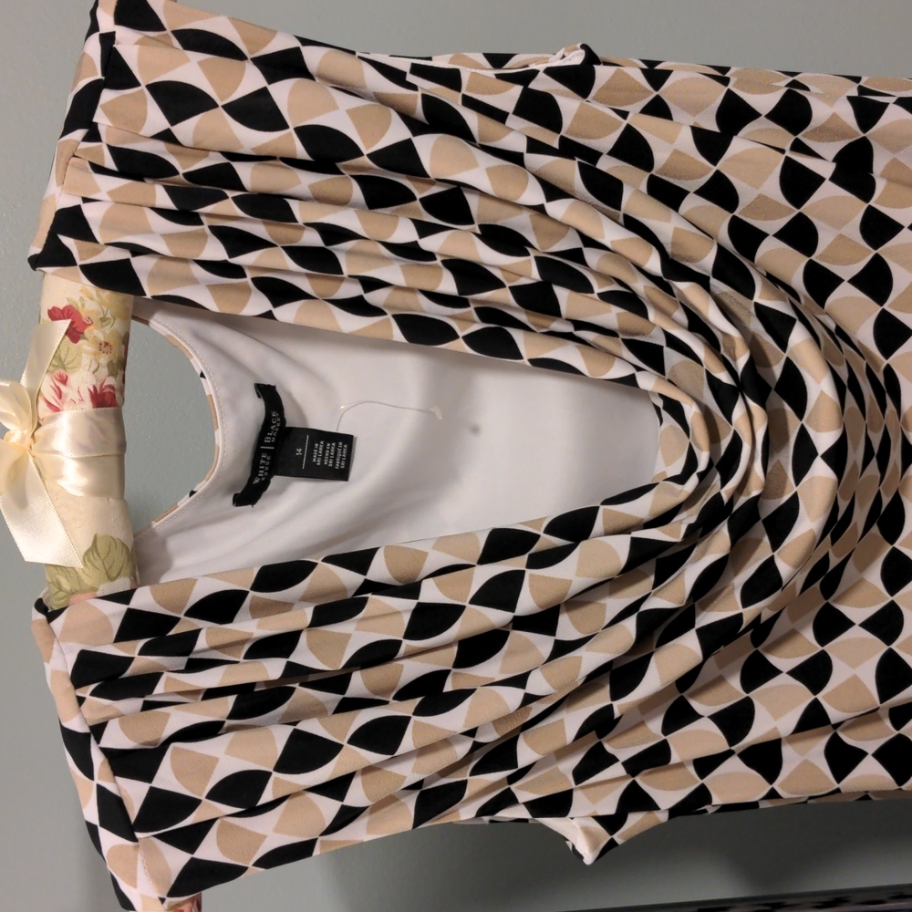 WHBM Creamy white with black and tan geometric pattern cowl neckline dress